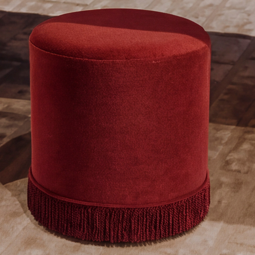 LPD Home Santos Brick Velvet Fringe Trim Pouffe Small Image 1