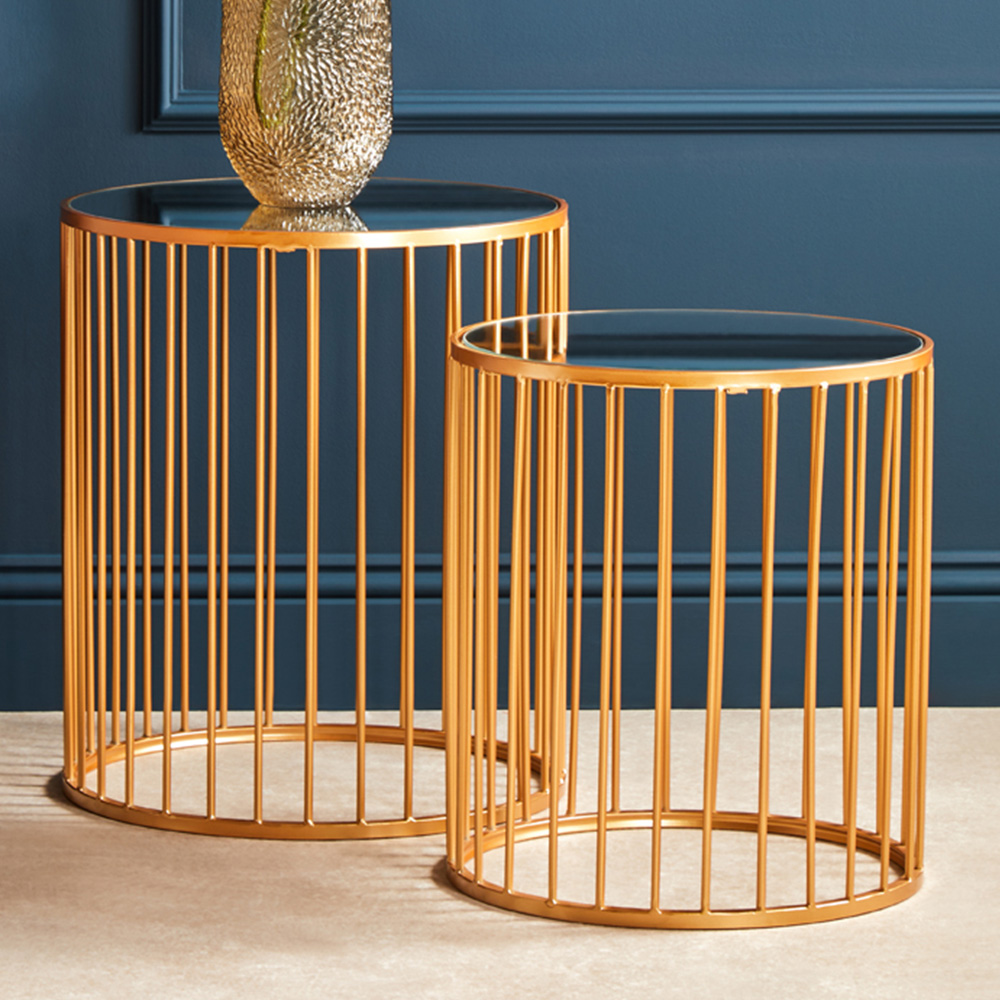 Premier Housewares Avantis Gold and Mirror Top Round Side Table Set of 2 Image 1