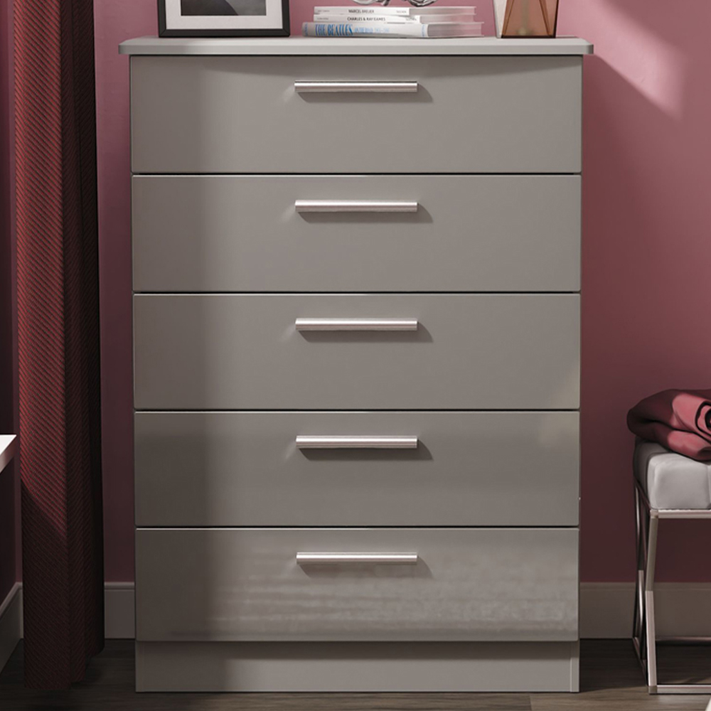 Crowndale Knightsbridge 5 Drawer Grey Gloss and Dusk Grey Chest of Drawers Ready Assembled Image 1