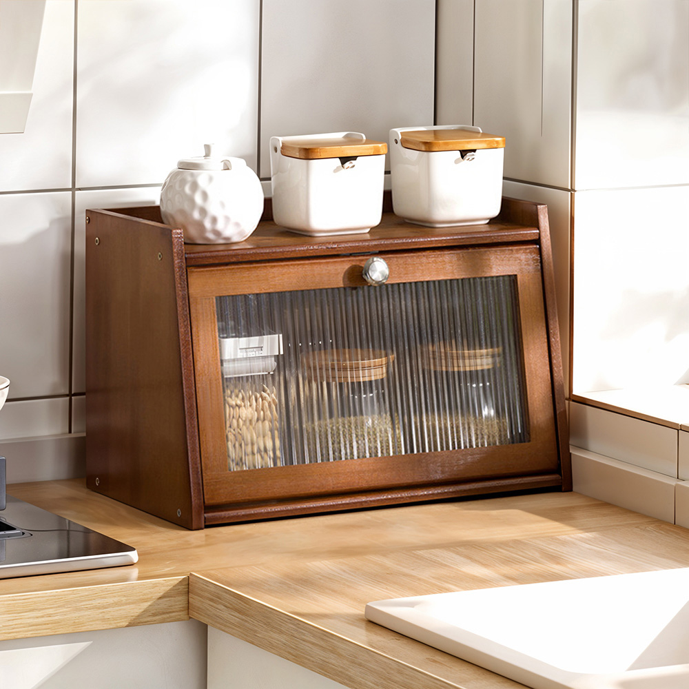 Living and Home Single Door Single Shelf Brown Bamboo Bread Storage Cabinet Image 2