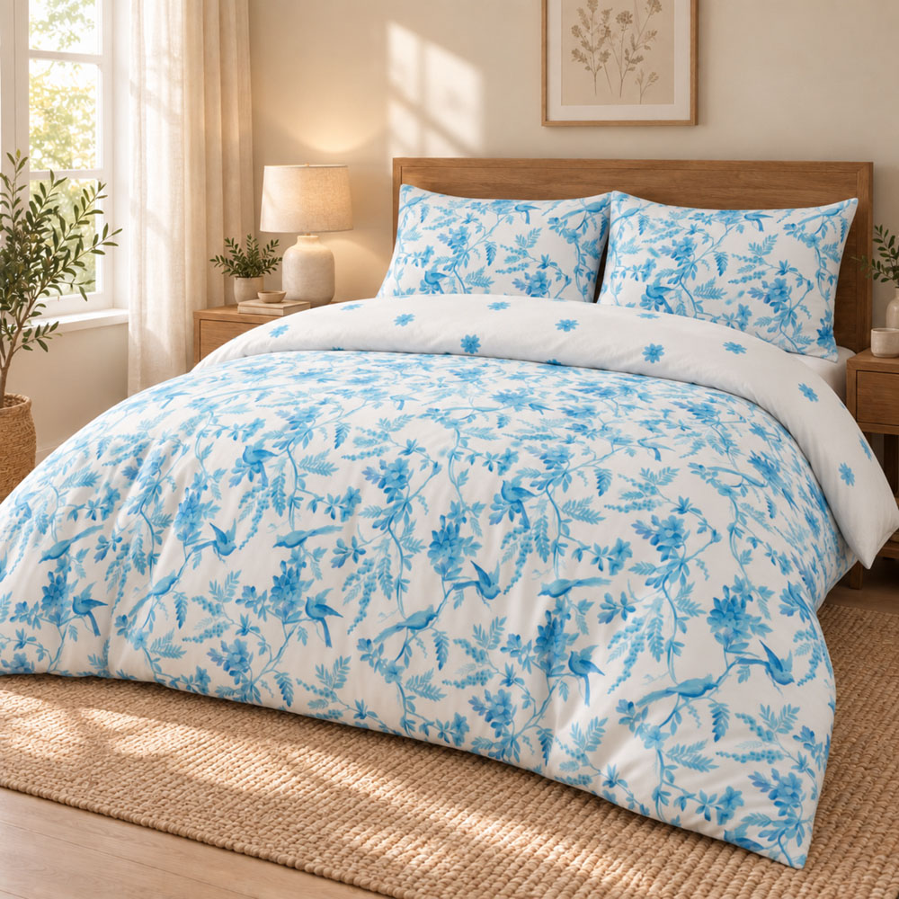 MHG Living Single Sky Garden Blue Floral Reversible Duvet Cover Set Image 1