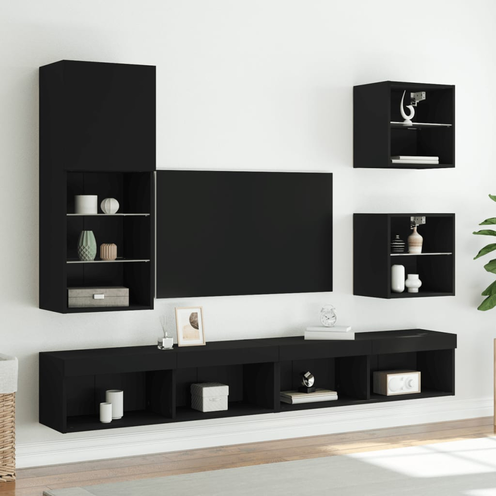 vidaXL Single Door 3 Shelf Black Slim LED TV Cabinet Image 7