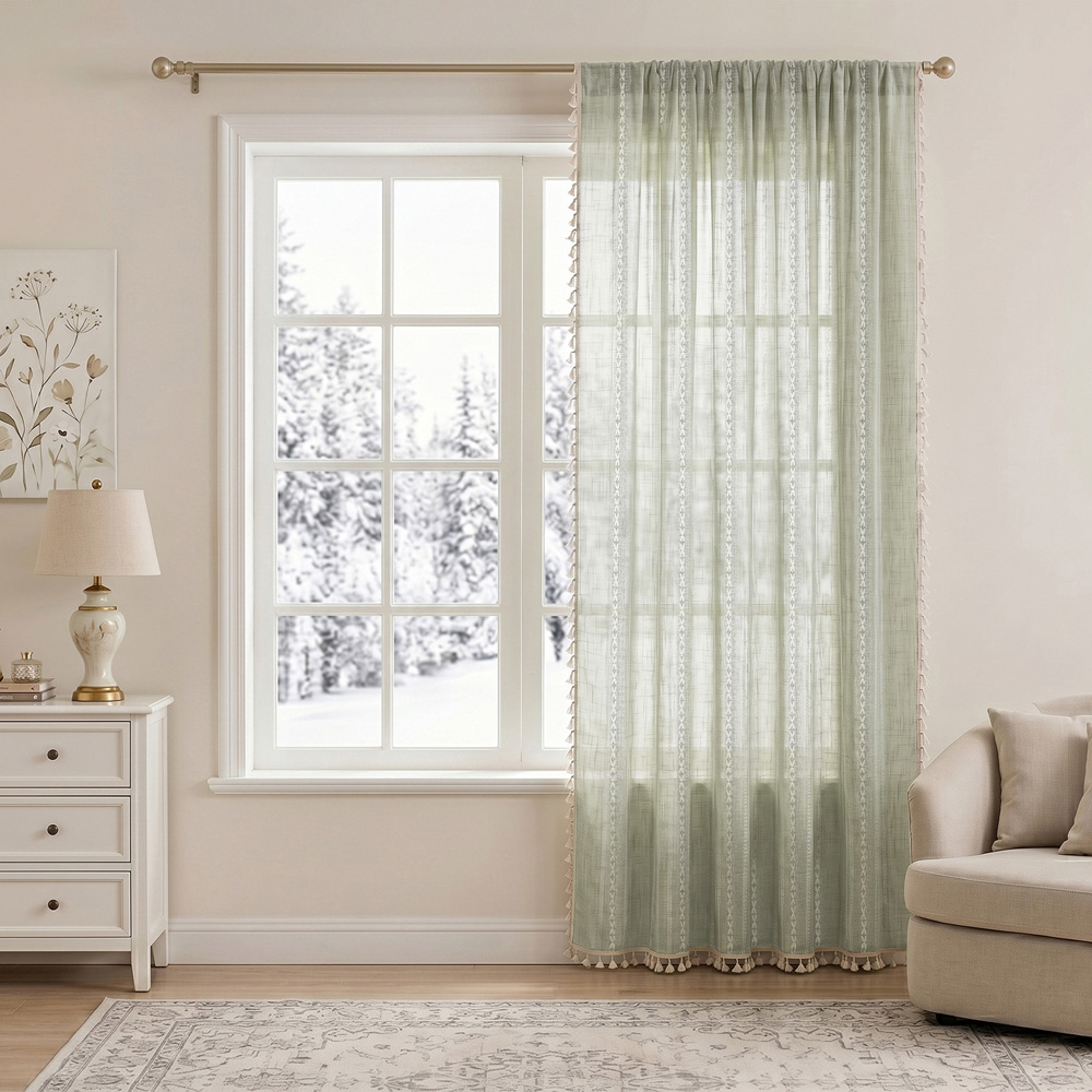 Living and Home Light Green Boho Tassel Faux Linen Curtain 132 x 180cm Image 8