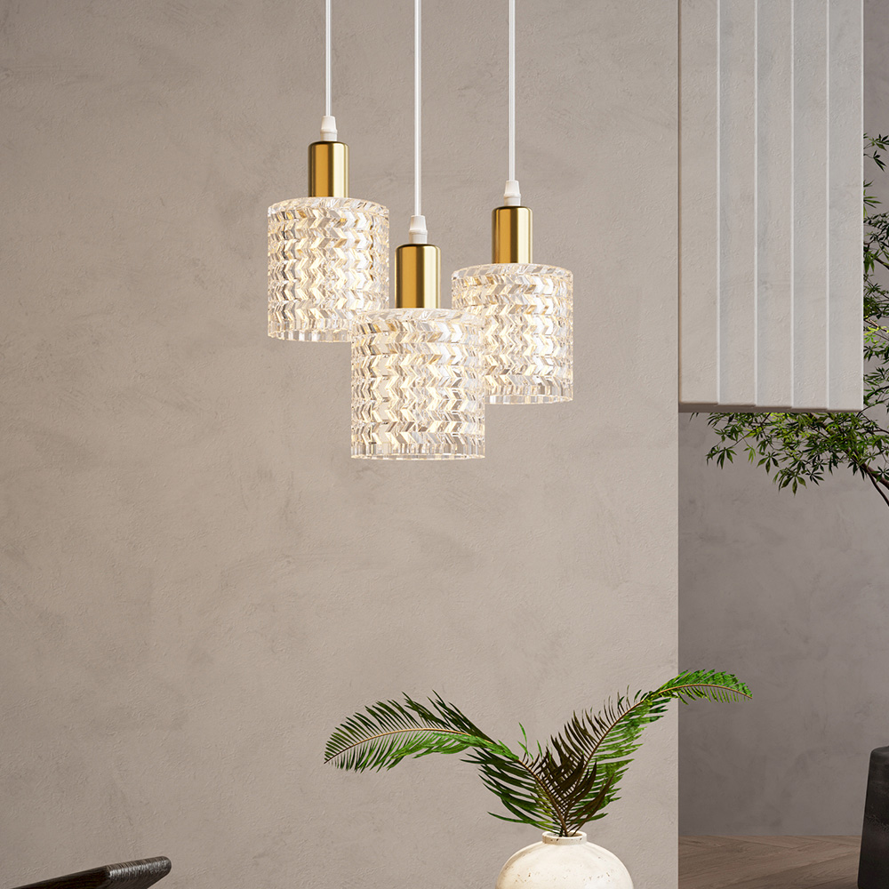 Living and Home 3 Light Gold Clear Glass Shade E27 Pendant Light Image 7