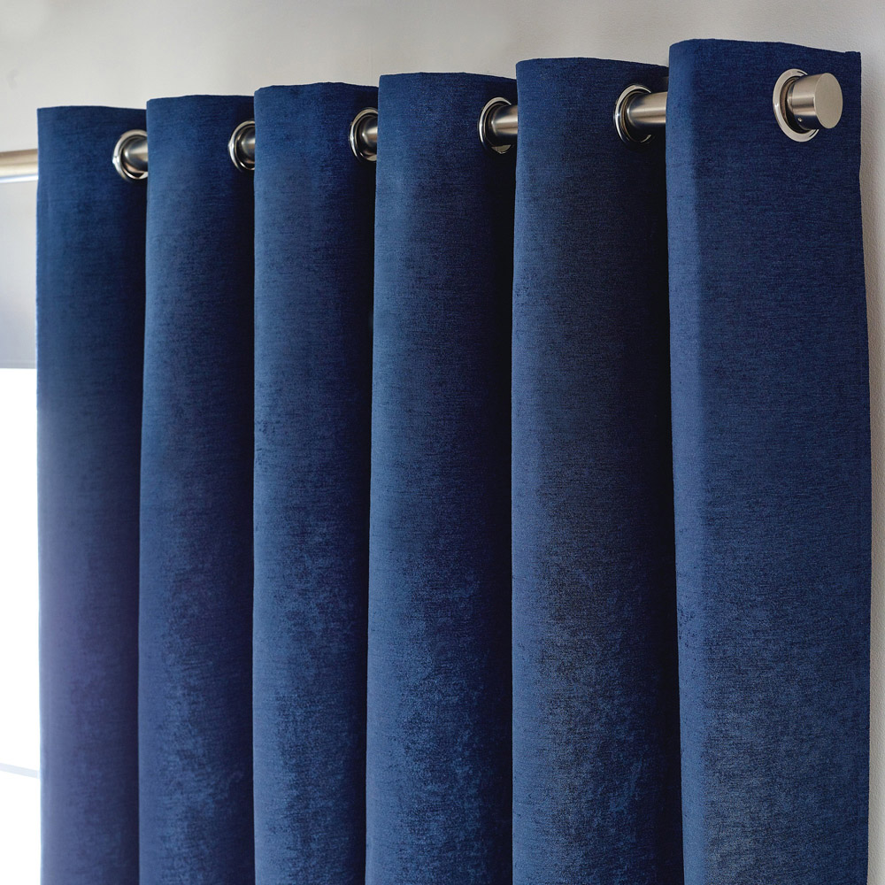 Alan Symonds Blue Chenille Blackout Ring Top Eyelet Curtains 168 x 137cm Image 2