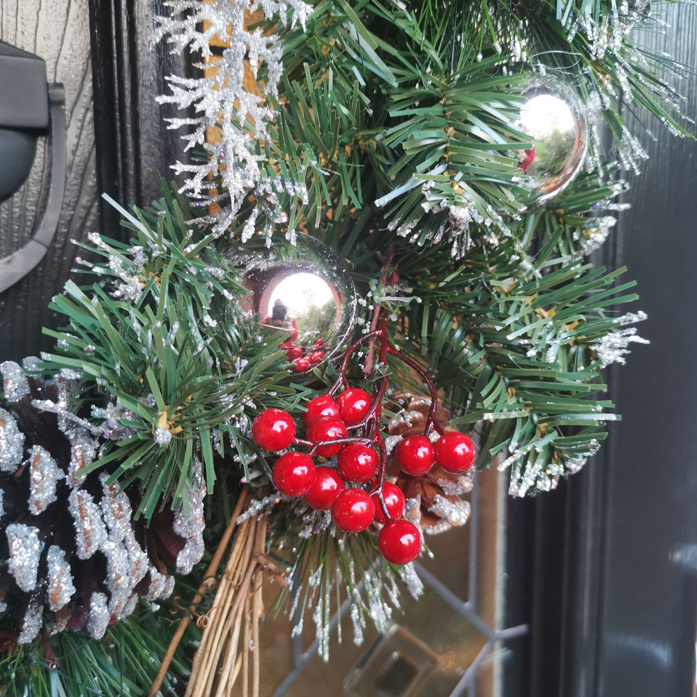 Premier Silver Dressed Christmas Wreath with Pinecones and Red Berries 40cm Image 3