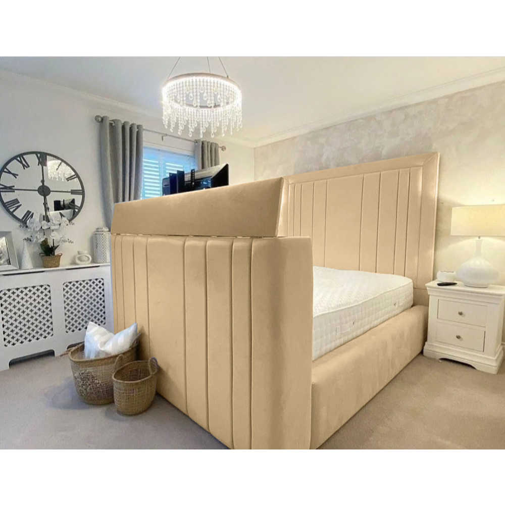 Eleganza Home Genna Double Beige Plush Velvet TV Bed Frame with Lined Headboard Image 3