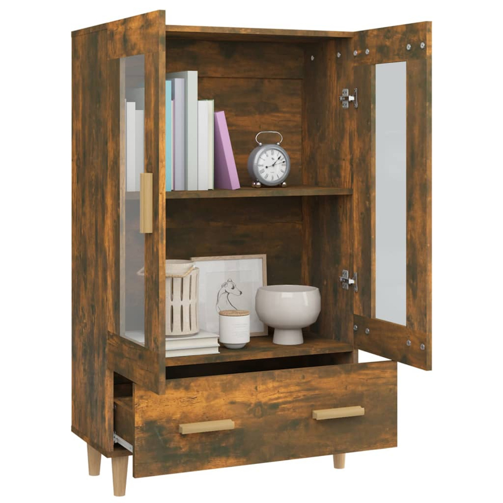 vidaXL 2 Glass Door Single Drawer Smoked Oak Highboard Image 3
