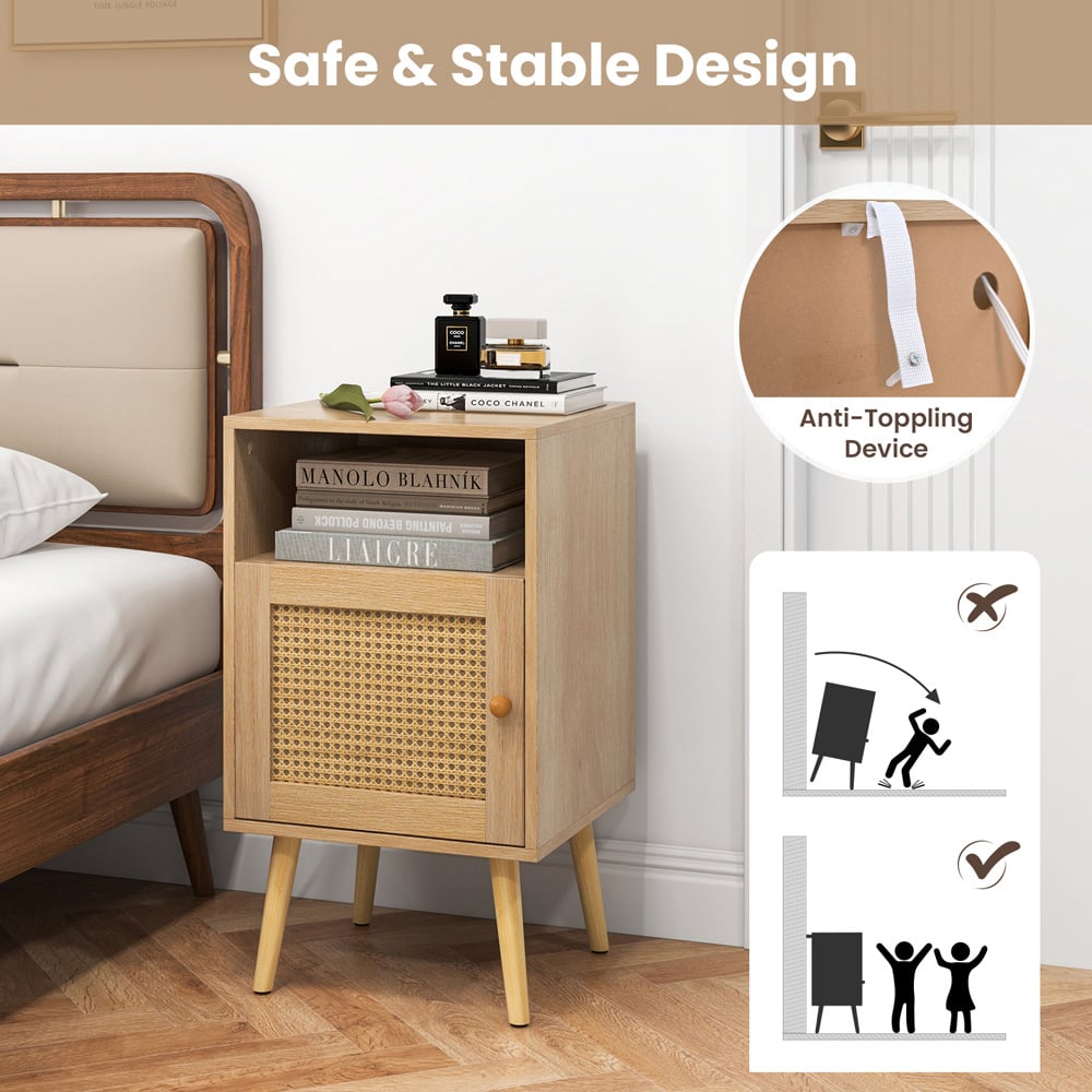 Costway Single Door Single Shelf Natural Rattan Nightstand Set of 2 Image 5