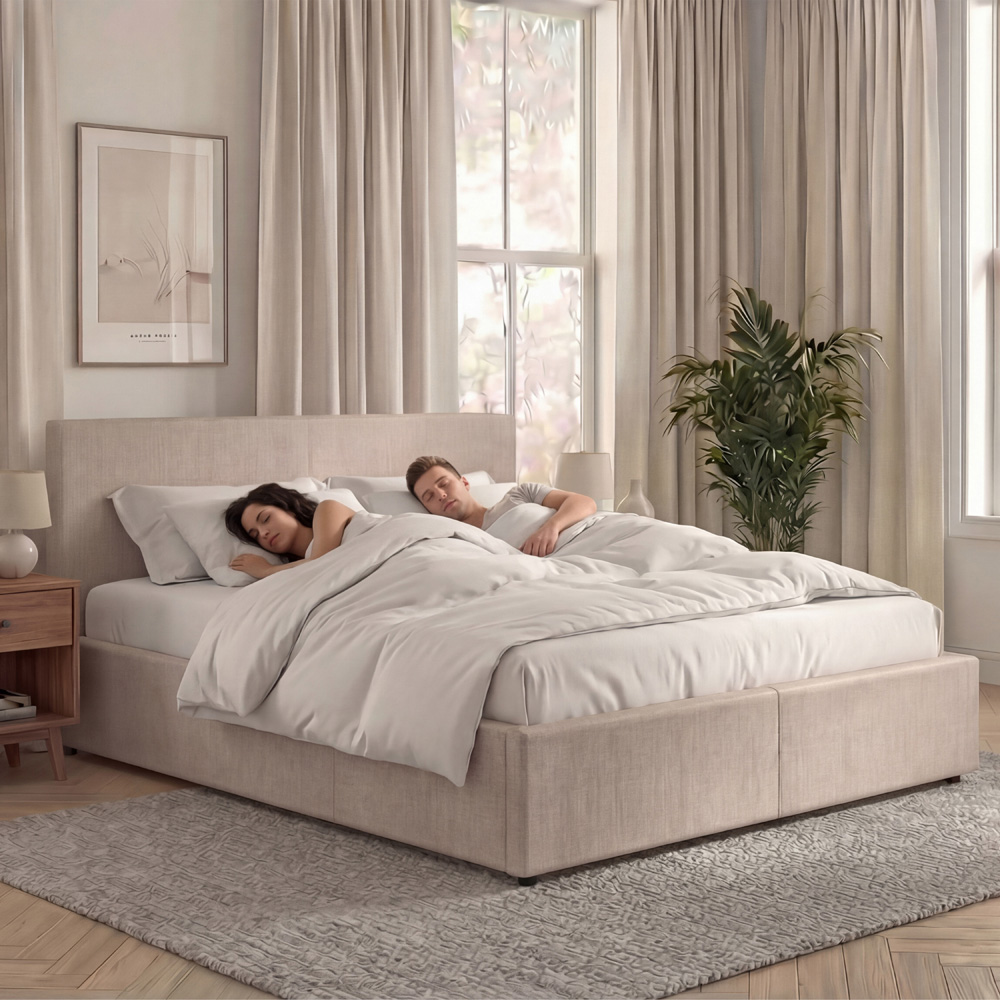 VIDA DESIGNS Veronica King Size Beige Linen Ottoman Bed with Padded Headboard Image 4