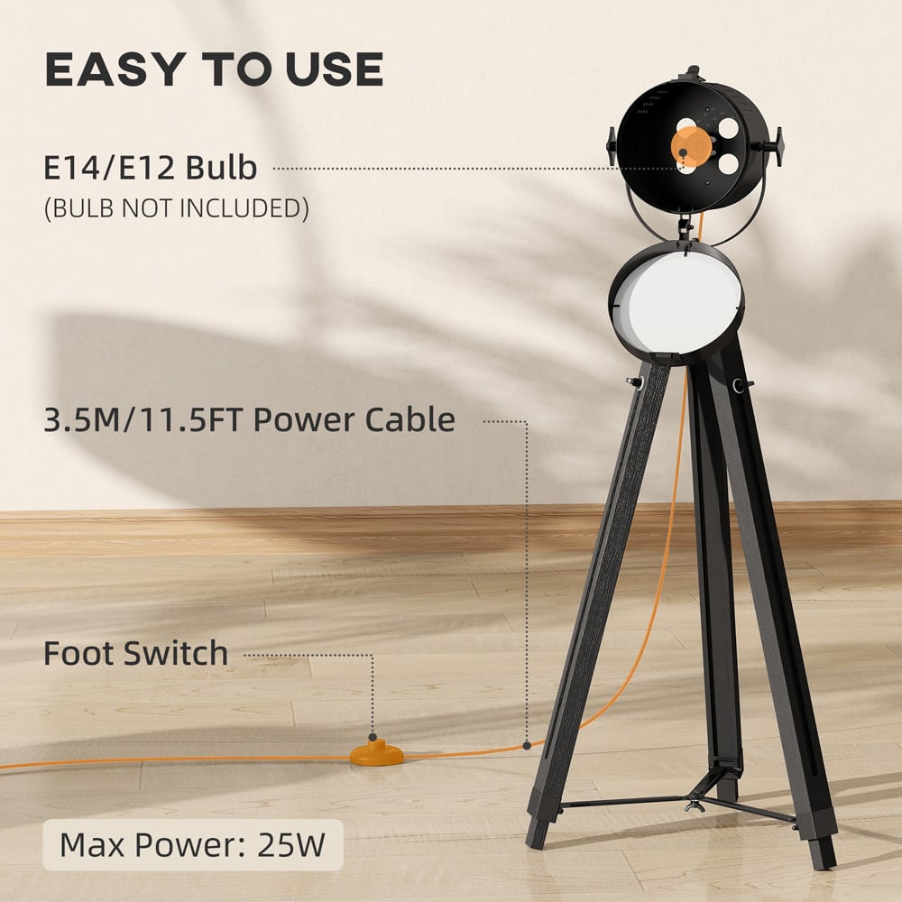 HOMCOM Black Wooden Industrial Tripod Floor Lamp Image 7