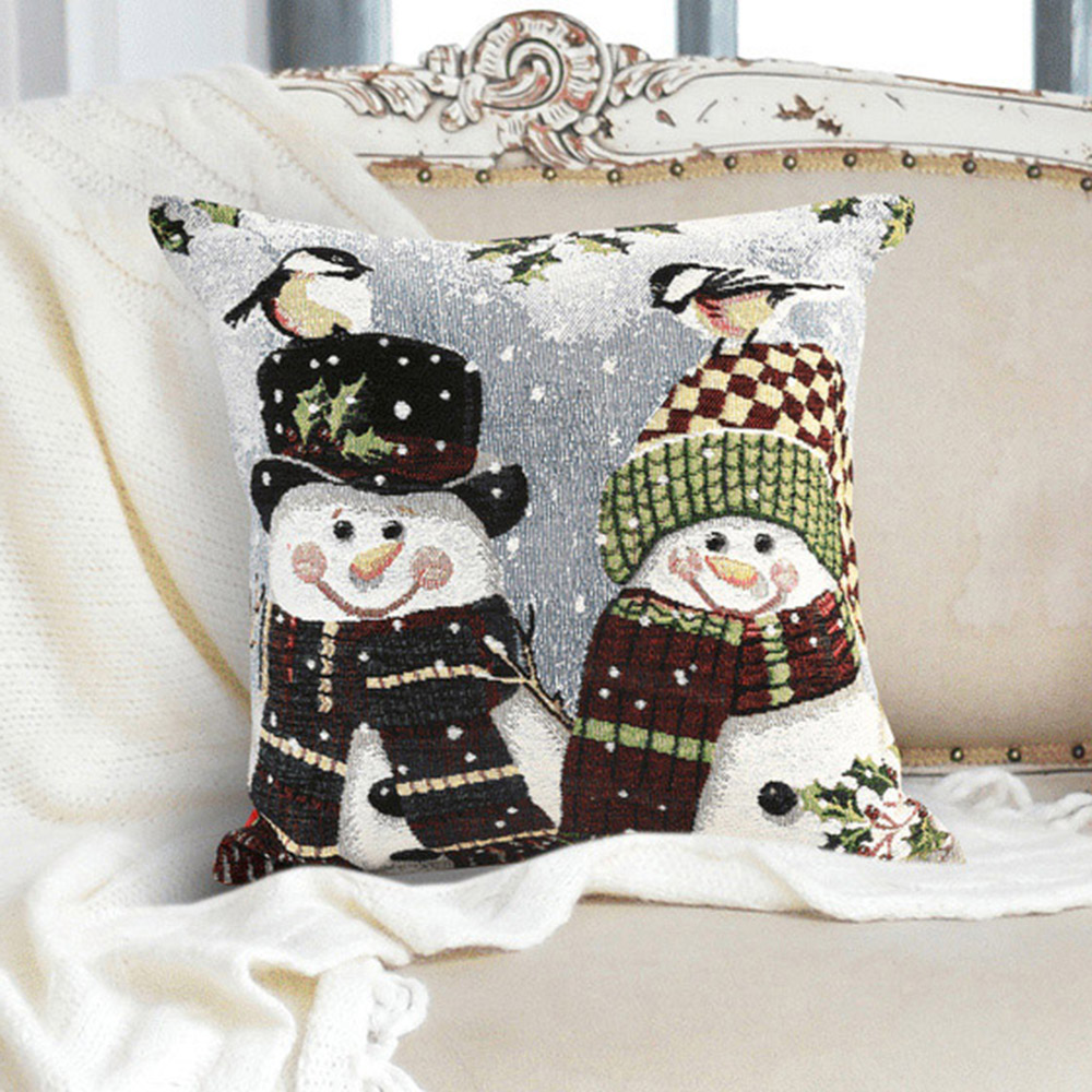 Noel Square Xmas Happy Snowmen Cotton Chenille Cushion Image 2