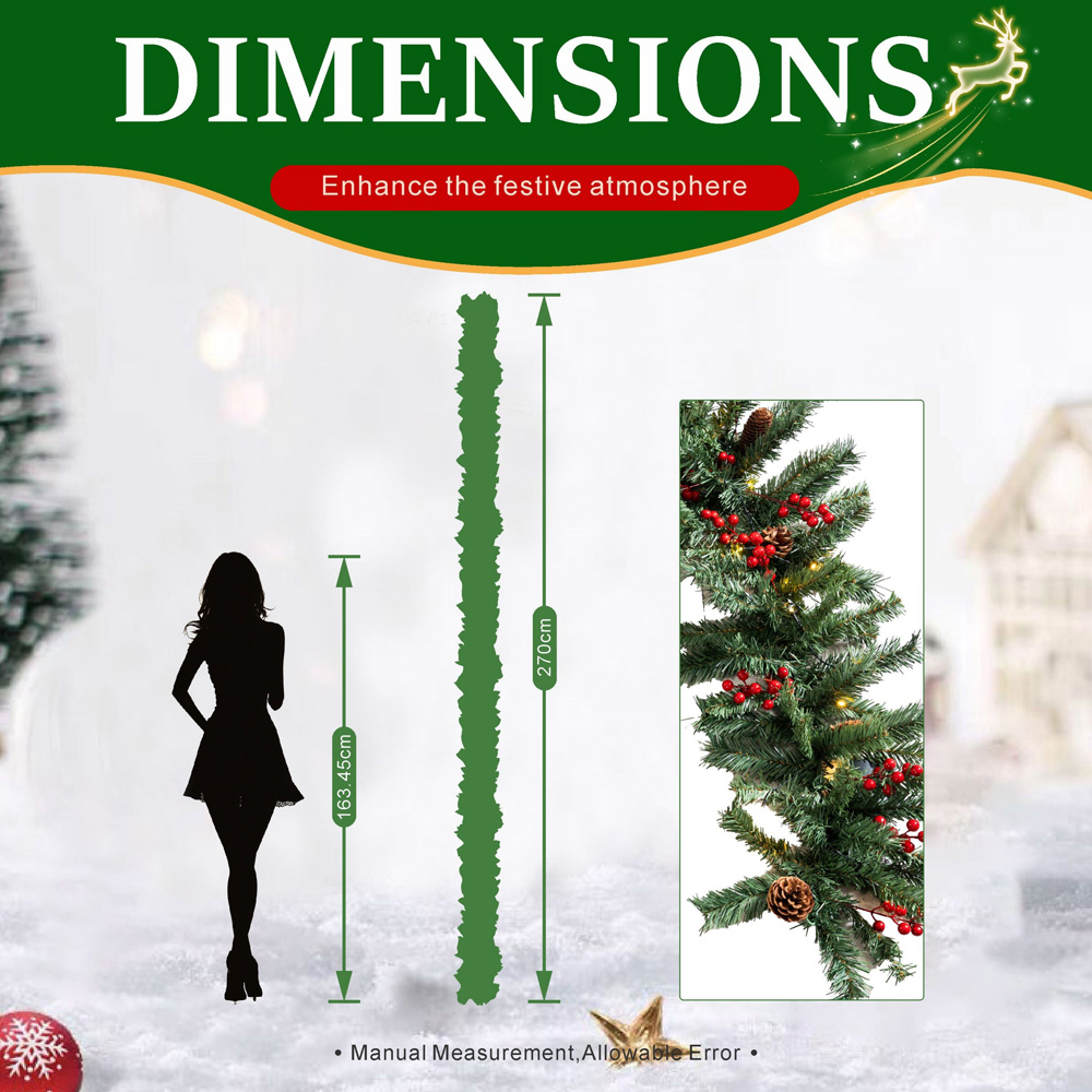 Abrihome 50 Warm White LED Artificial Christmas Garland with Tips Pinecones and Red Berries 270cm Image 9