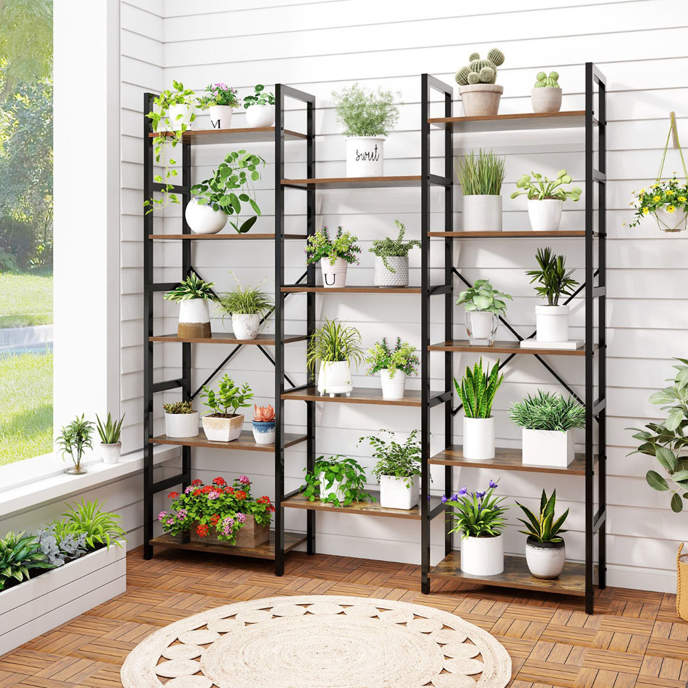 Costway 14 Shelf Brown Industrial Bookshelf Image 4