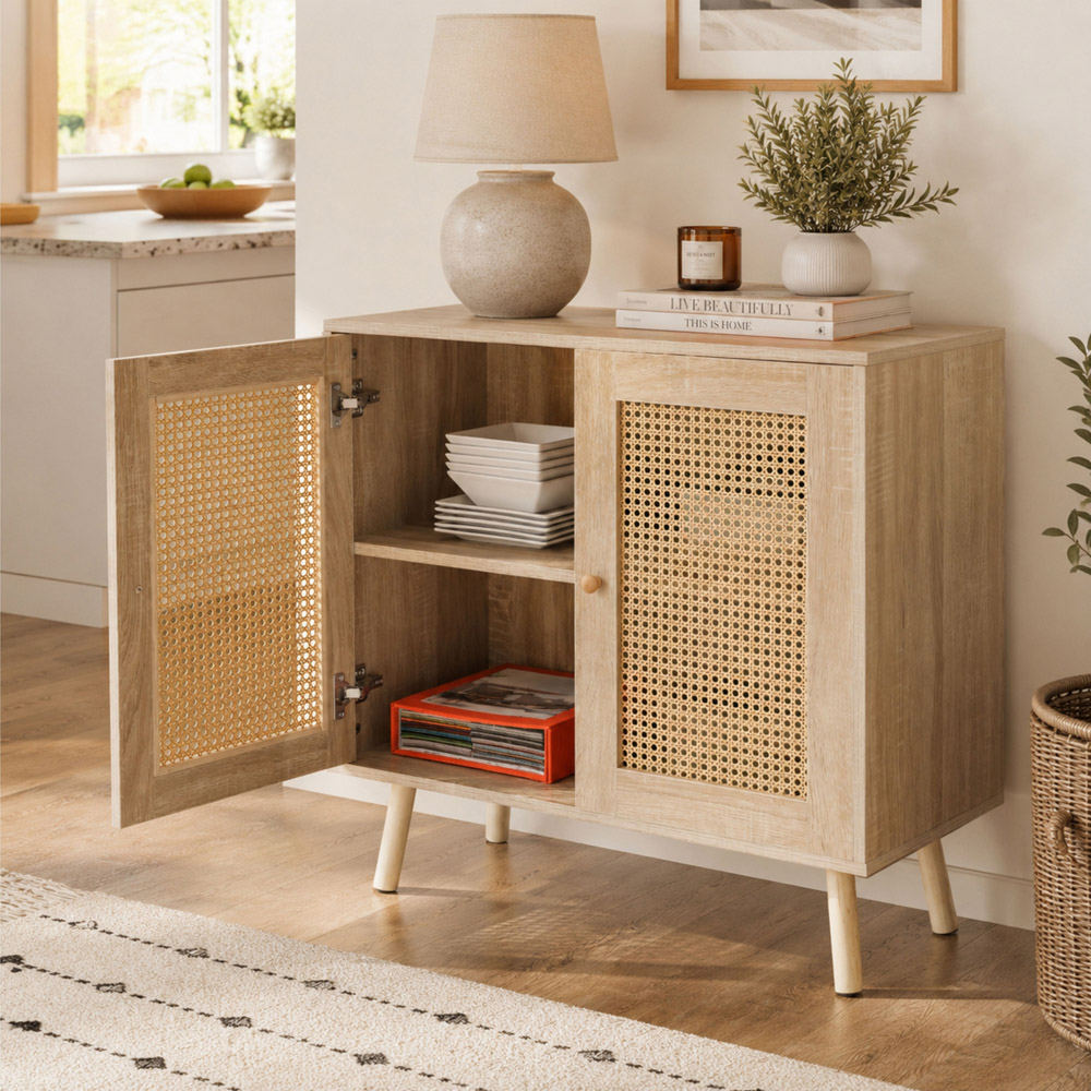 Abrihome 2 Door Natural Wooden Rattan Compact Sideboard Image 4