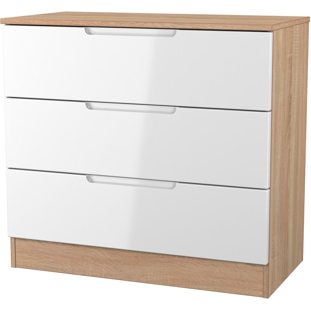 Crowndale Milan 3 Drawer White Gloss and Bardolino Oak Chest of Drawers Ready Assembled Image 2
