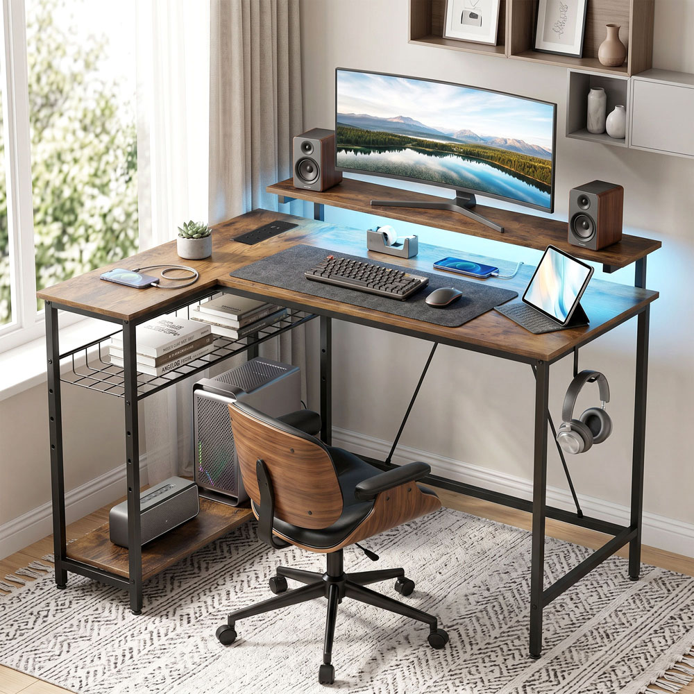 HOMCOM 3 Shelf L-Shaped Office Desk with LED Rustic Brown Image 2