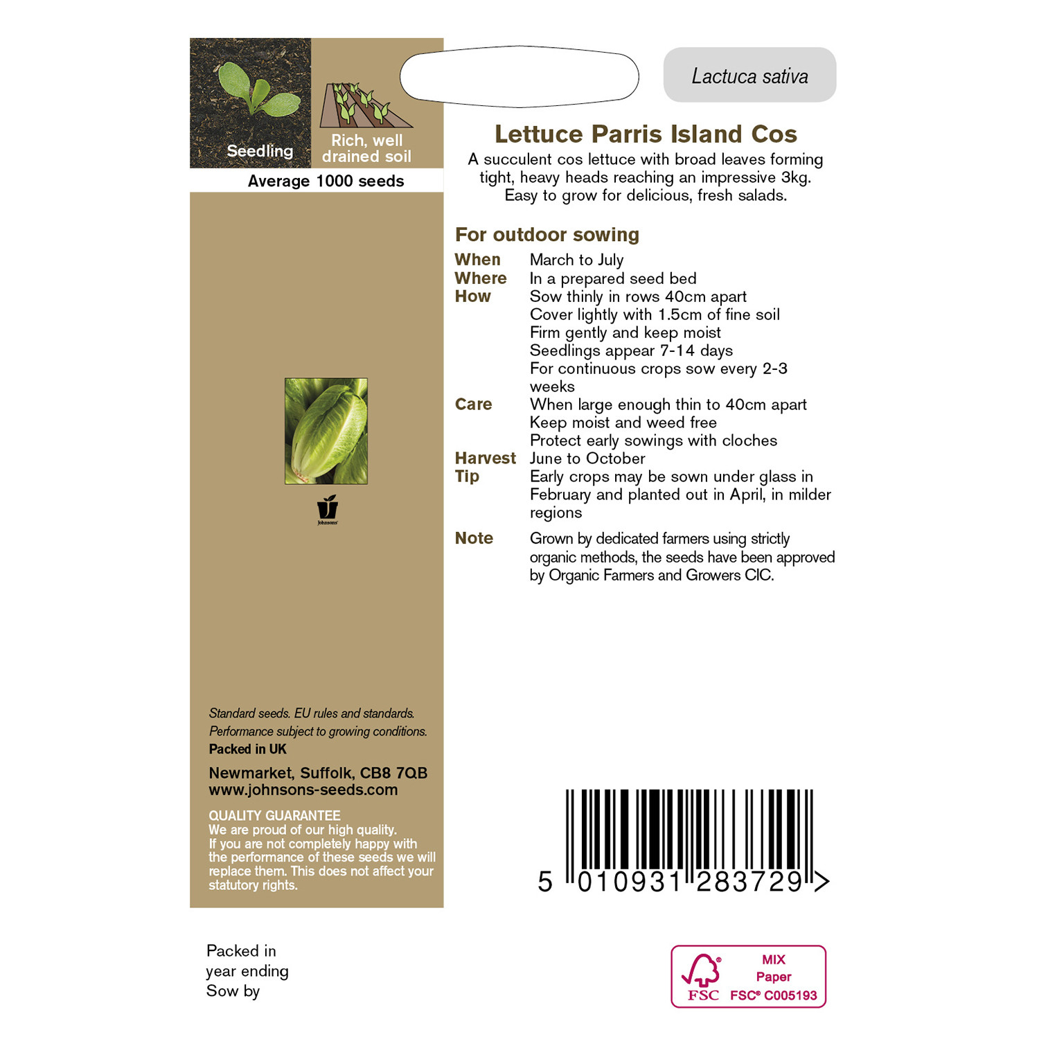 Johnsons Organic Parris Island Cos Lettuce Seeds Image 3