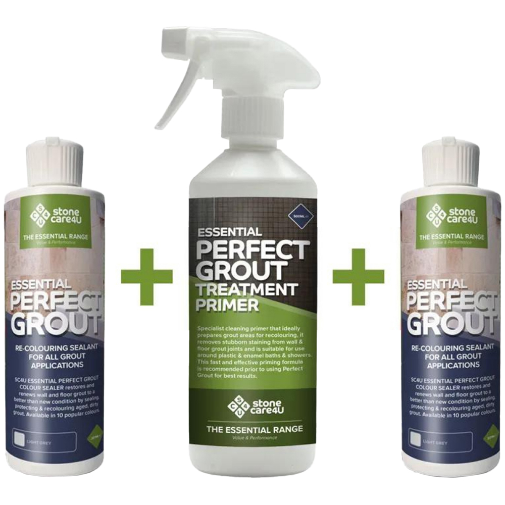 StoneCare4U Essential Light Grey Perfect Grout Sealer 237ml 2 Pack and Primer 500ml Bundle Image 1