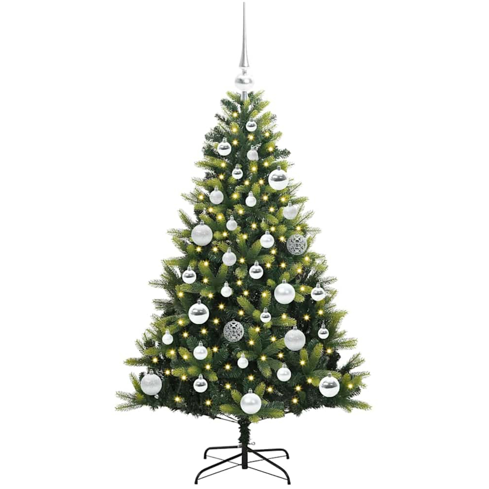vidaXL Pre-Lit Silver Baubles Green Artificial Hinged Christmas Tree 4ft Image 1