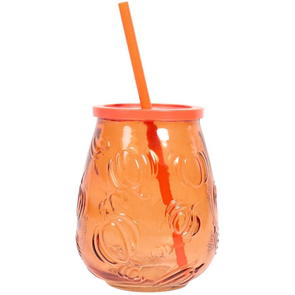 Pumpkin Glass Jar with Lid and Straw Orange Image 2