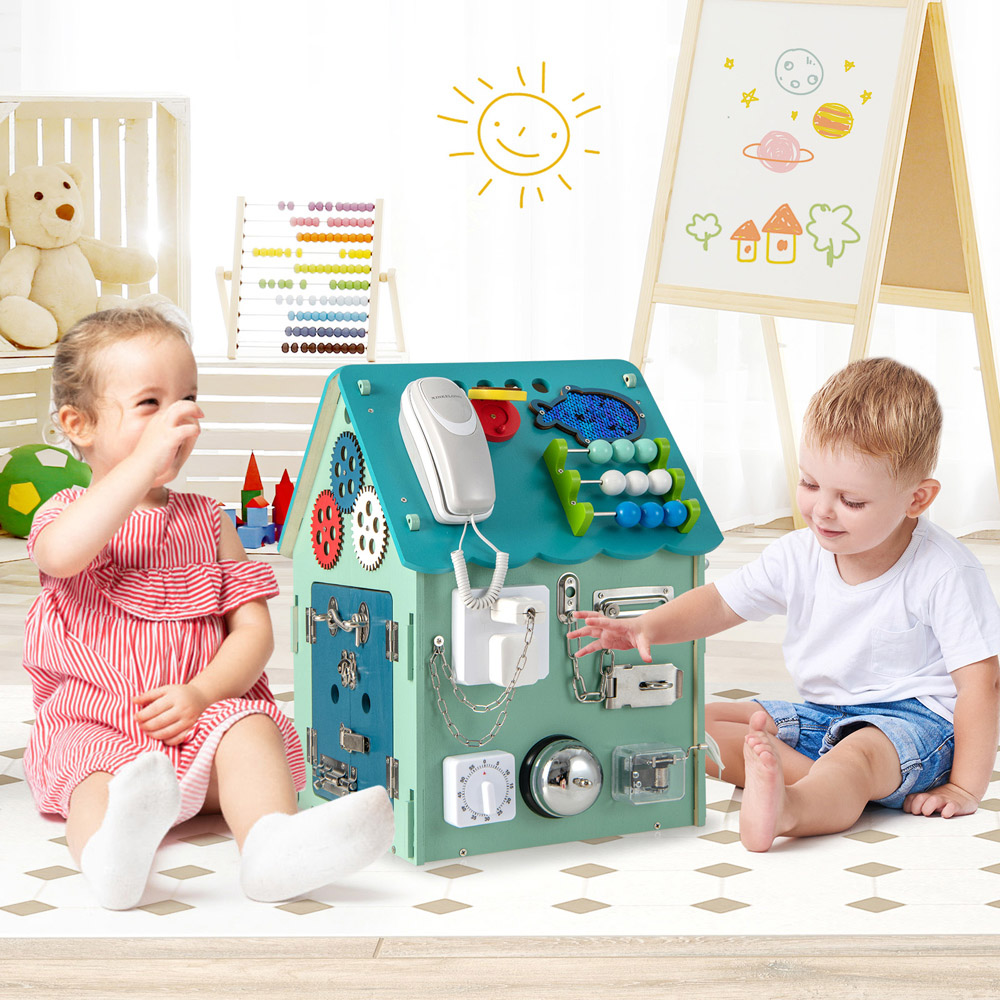 Costway Blue Wooden Busy House Toddler Learning Toy with Music Box Image 4
