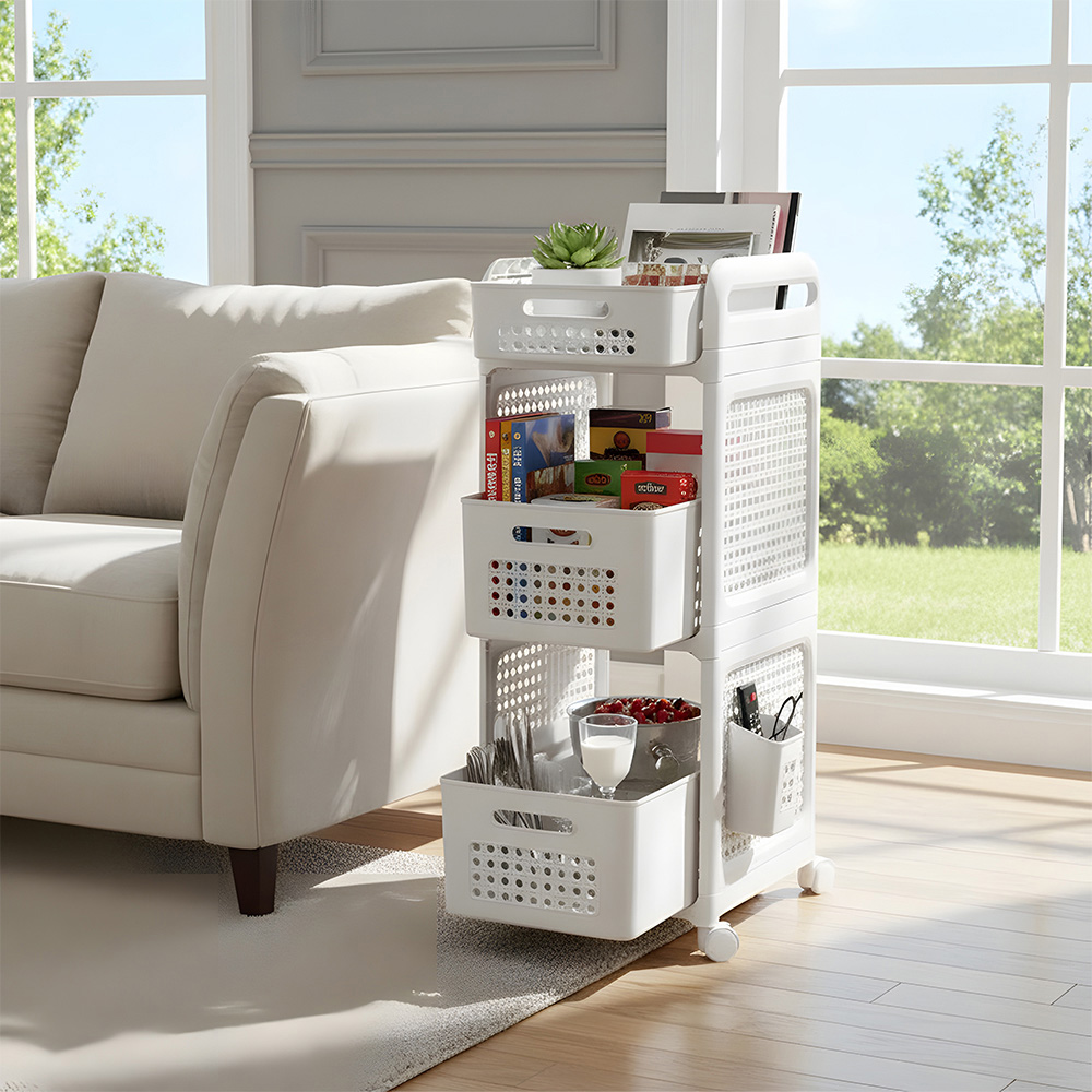 Living and Home 3-Tier White Storage Cart with Pull-Out Baskets Image 7