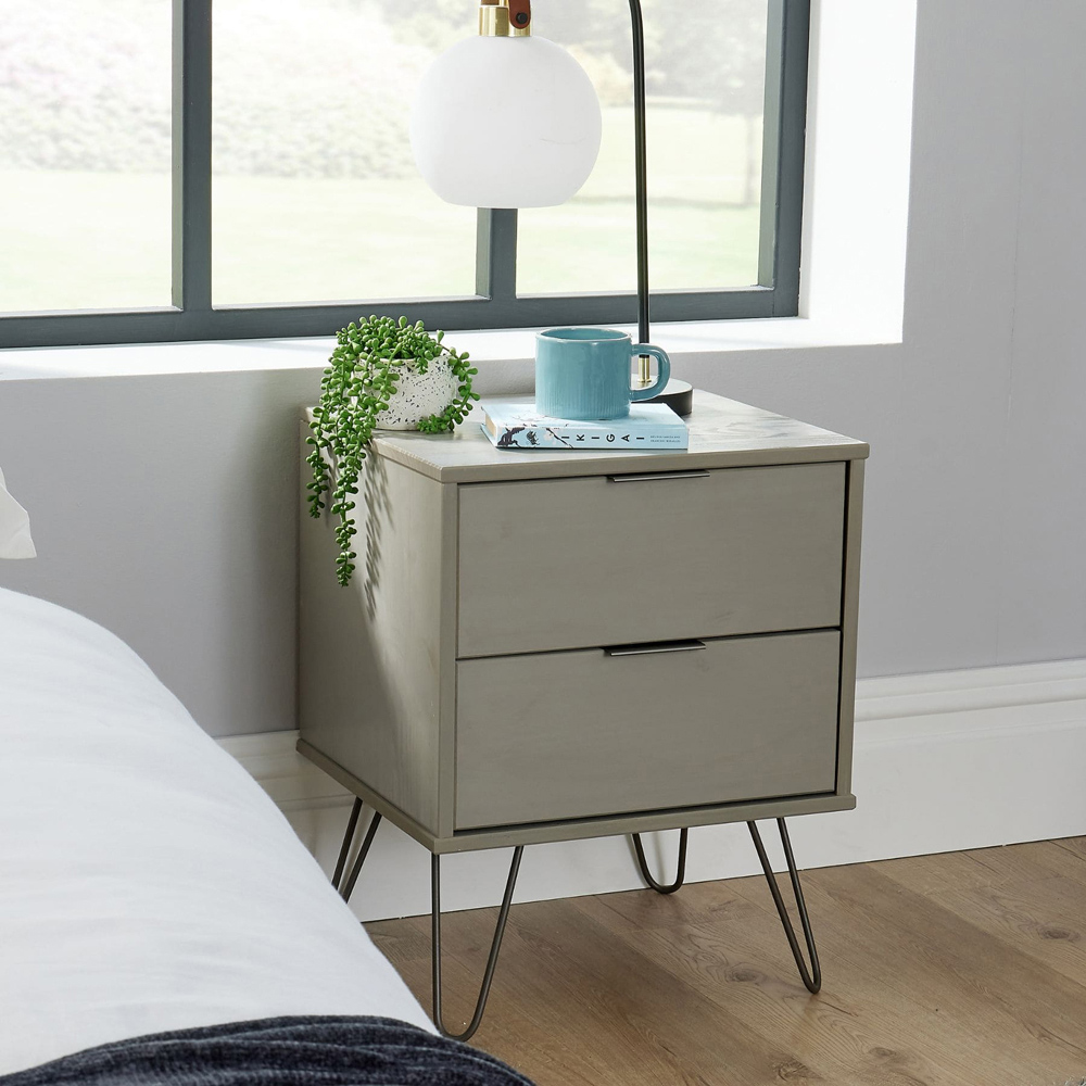 Home Source Acadia 2 Drawer Grey Bedside Table with Metal Hairpin Legs Image 7