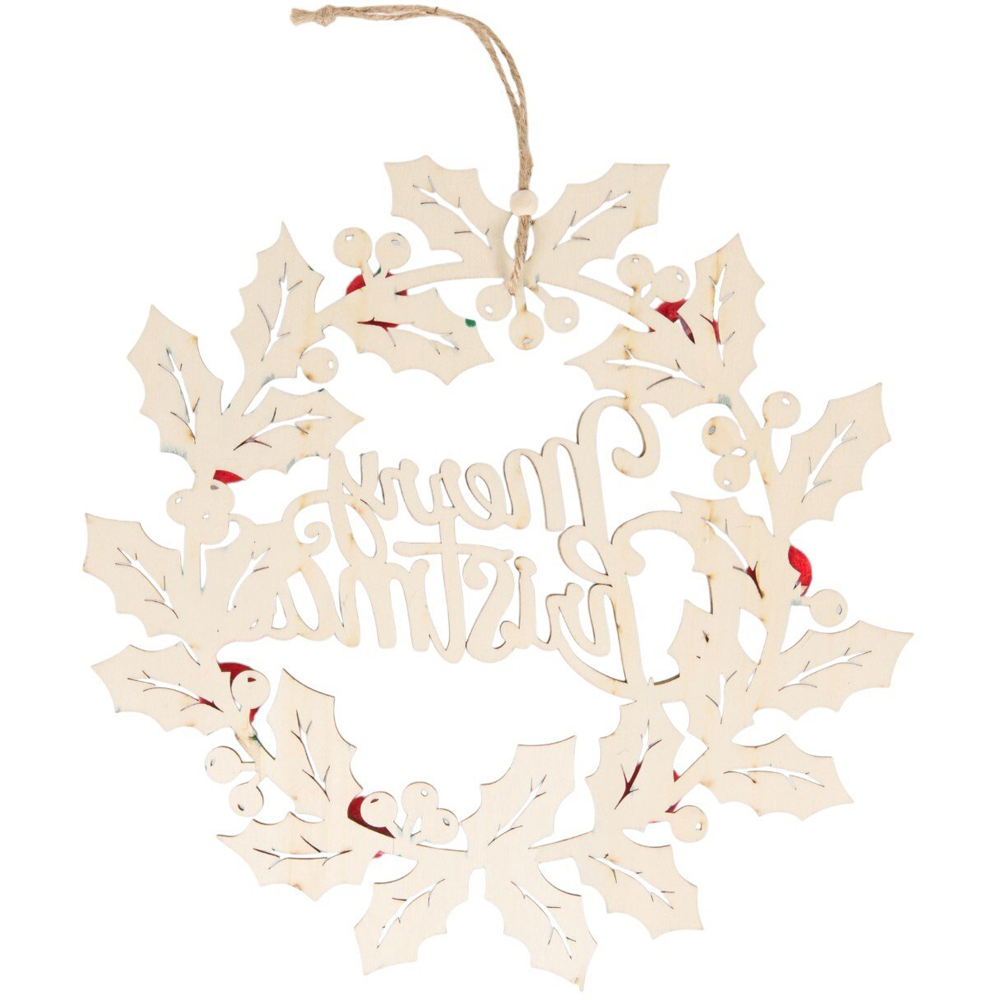 Wooden Merry Christmas Wreath Green and Red Image 3
