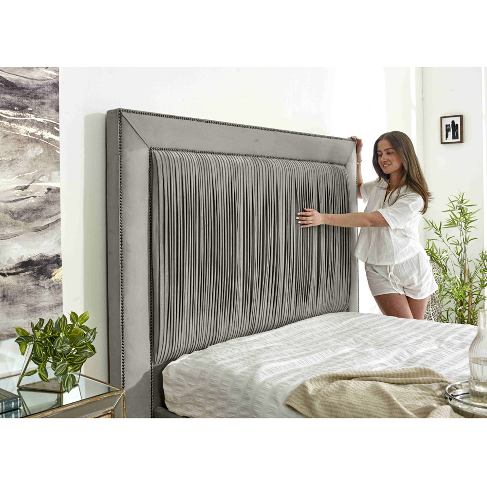 Eleganza Alexandra Single Silver Plush Velvet Bed Frame with Pleated Headboard Image 2