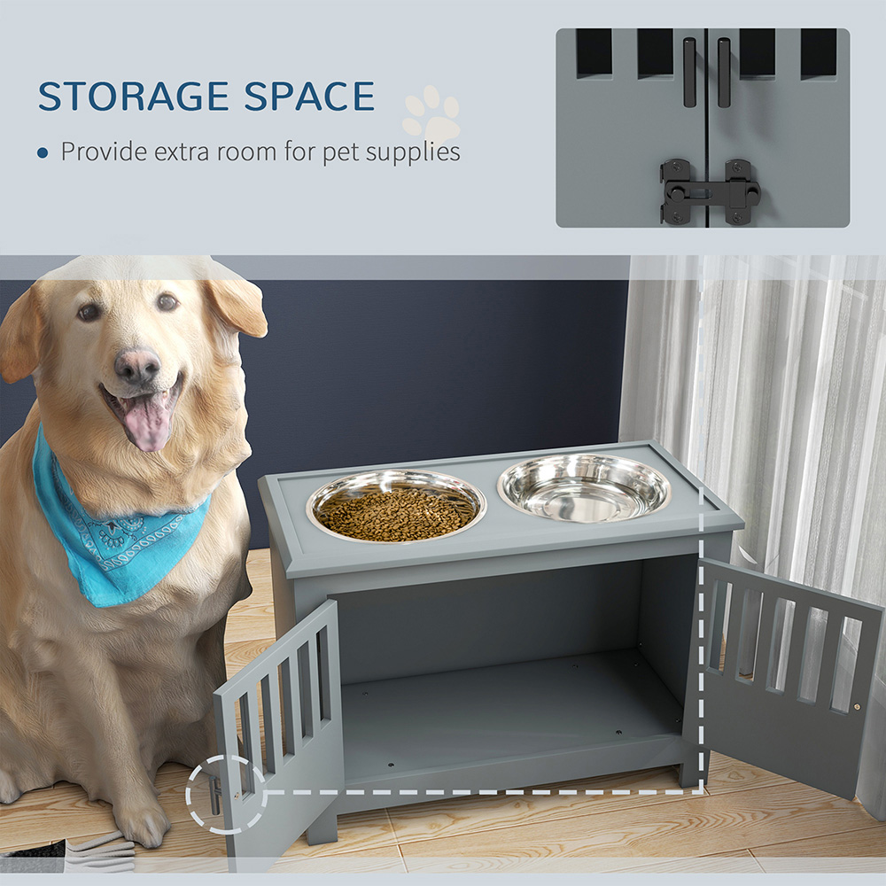 PawHut Grey Stainless Steel Twin Bowl Raised Dog Feeder with Storage Image 5