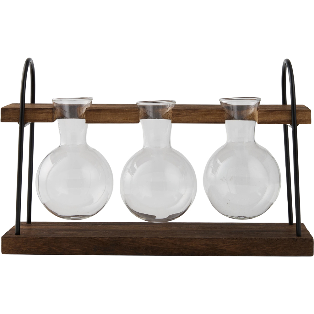 Living and Home 3 Piece Bulb Vase Set with Pine Wood Stand Image 3