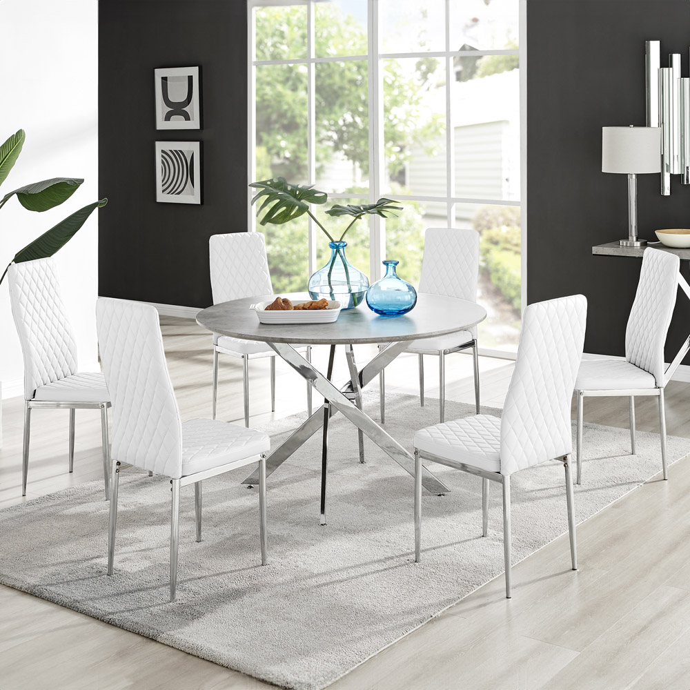Furniturebox Arona Valera Concrete Effect 6 Seater Round Dining Set Grey White and Chrome Image 1
