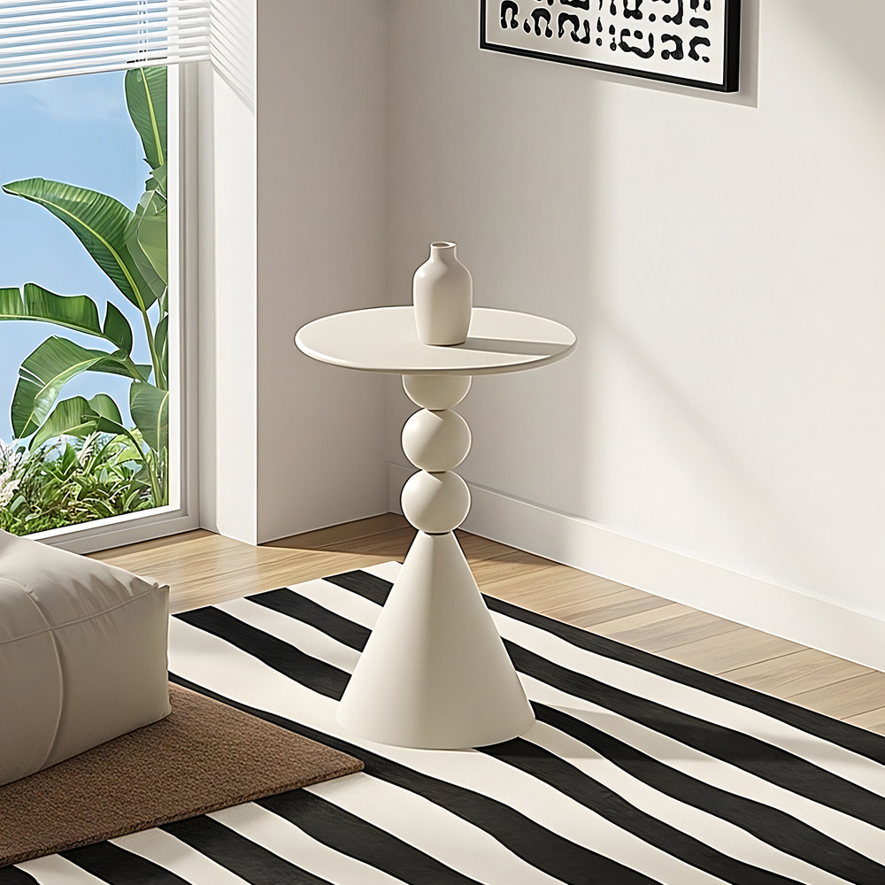 Living and Home Cream White Round Triple Sphere Column and Conical Base Side Table Image 7