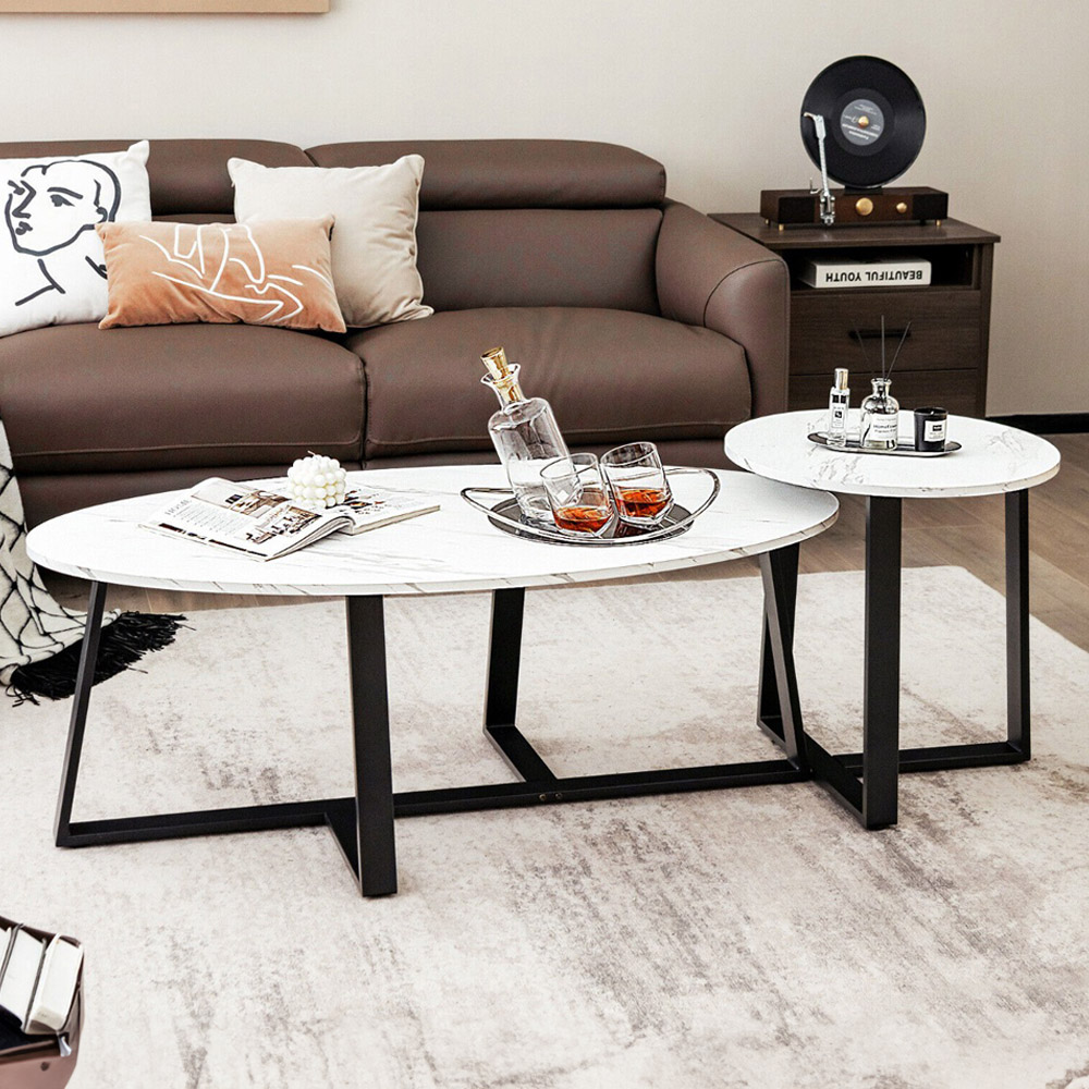 Costway White Faux Marble Oval and Round Coffee Table Set of 2 Image 1
