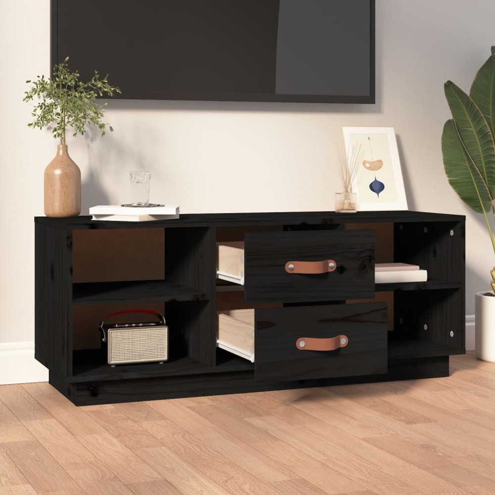 vidaXL 2 Drawer 4 Shelf Black Solid Pine Wood TV Cabinet Image 8