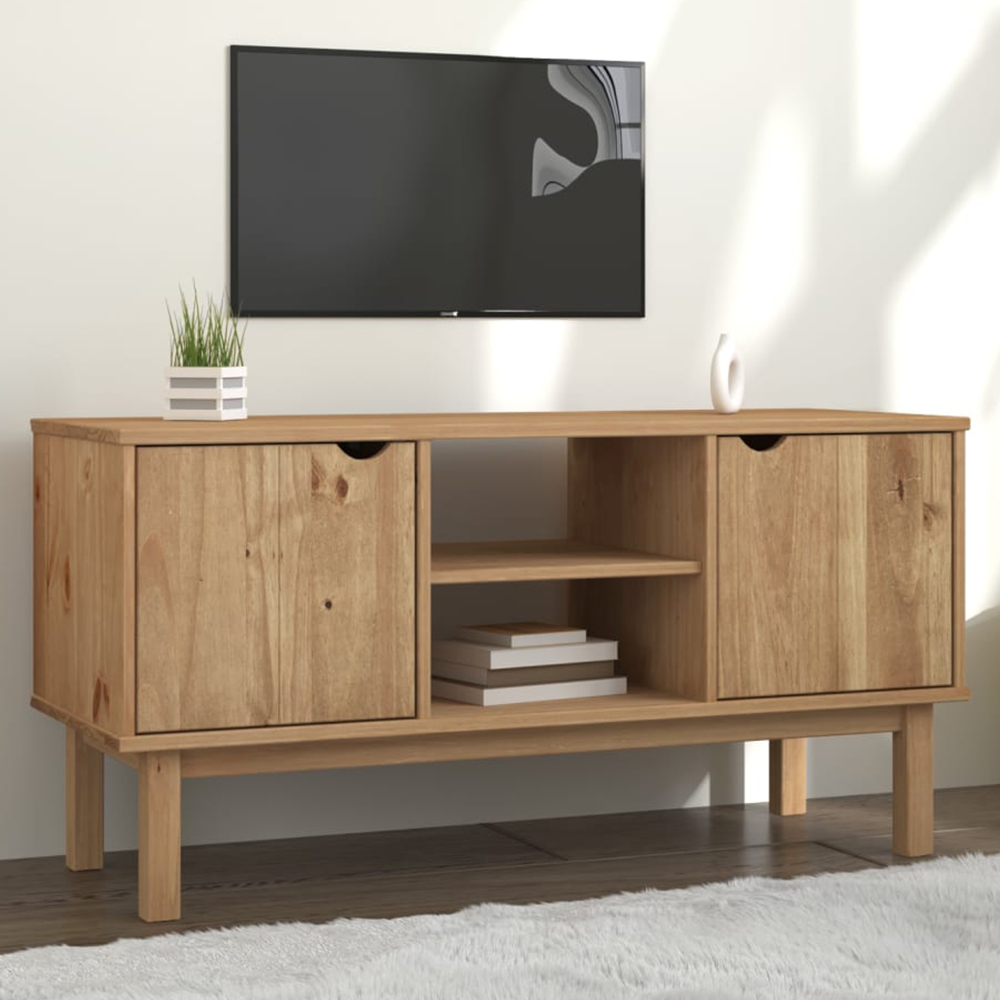 vidaXL Otta 2 Door 2 Shelf Brown Solid Pine Wood TV Cabinet Image 1