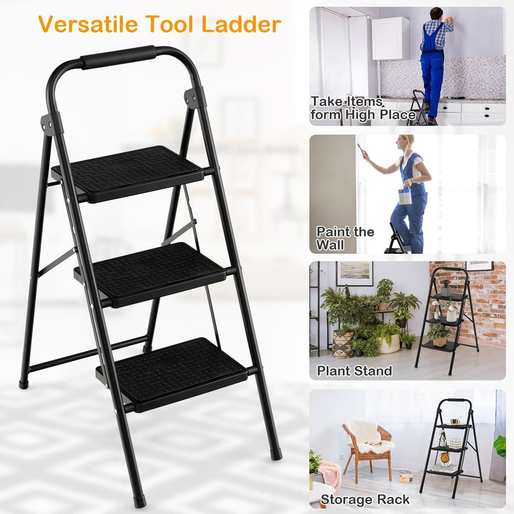 Costway 3 Step Black Anti Slip Folding Ladder Image 6