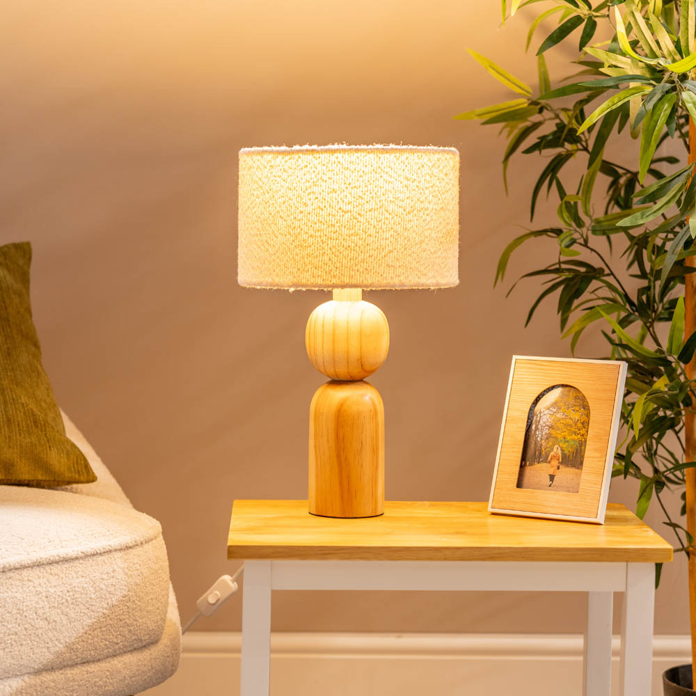 ValueLights Azalea Oak Cream Boucle Shade LED Table Lamp Image 2
