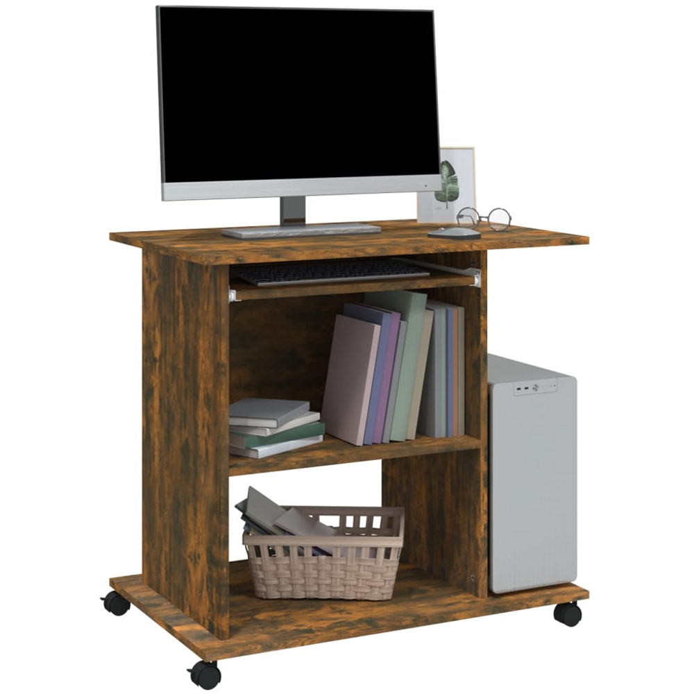 vidaXL 3 Shelf Movable Computer Desk with Keyboard Tray Smoked Oak Image 3