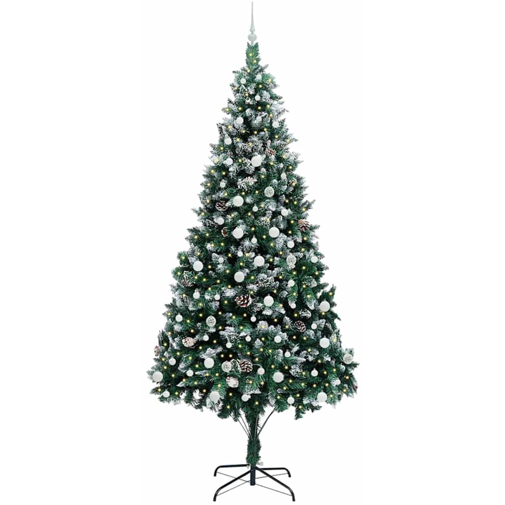 vidaXL Pre-Lit White Baubles Green Artificial Christmas Tree 8ft Image 1