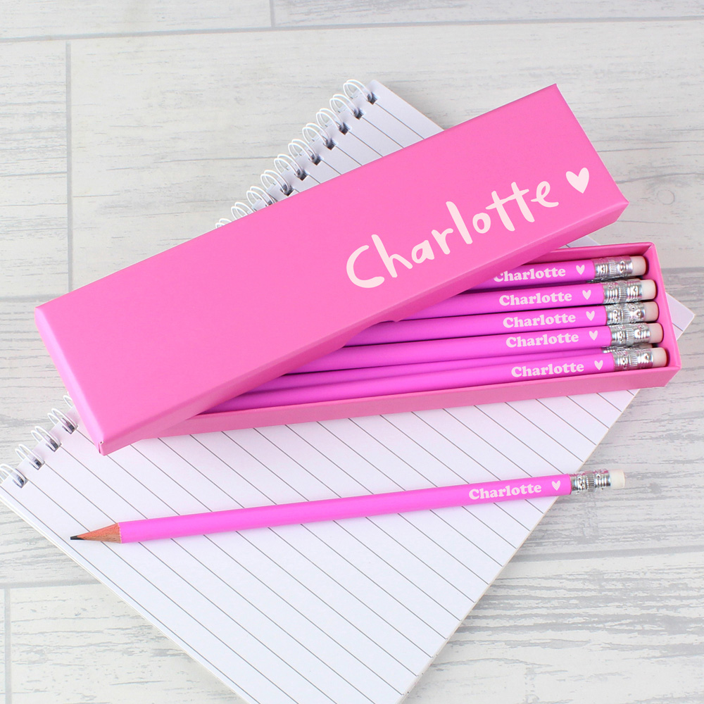 Personalised Memento Heart Box and 12 Pink HB Pencils Image 3