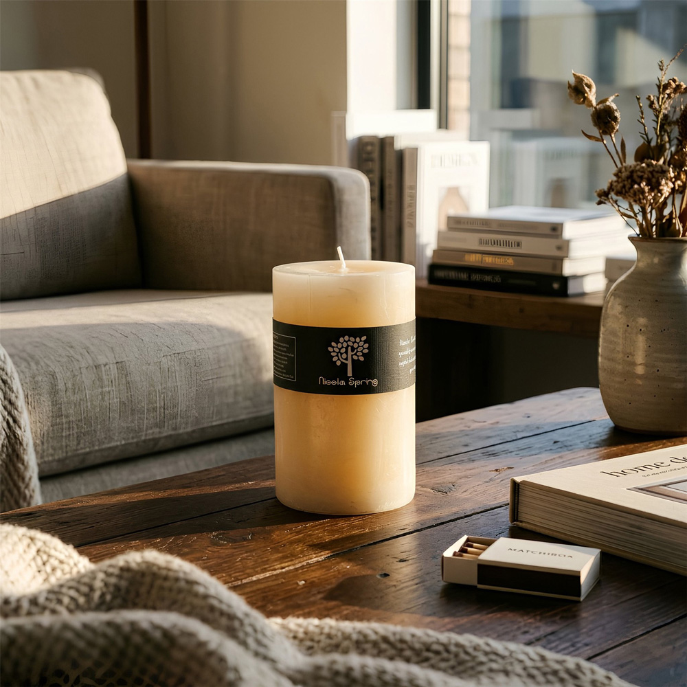 Nicola Spring Cream Round 3 Wick Vanilla Scented Pillar Candle 130 Hour 6 Pack Image 3