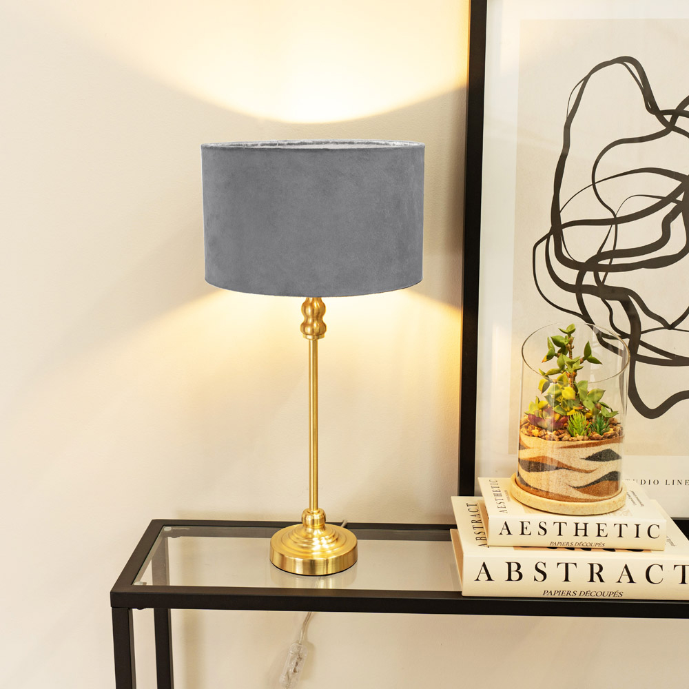 ValueLights Maggie Grey Velvet and Gold Drum Shade Candlestick LED Table Lamp Image 2