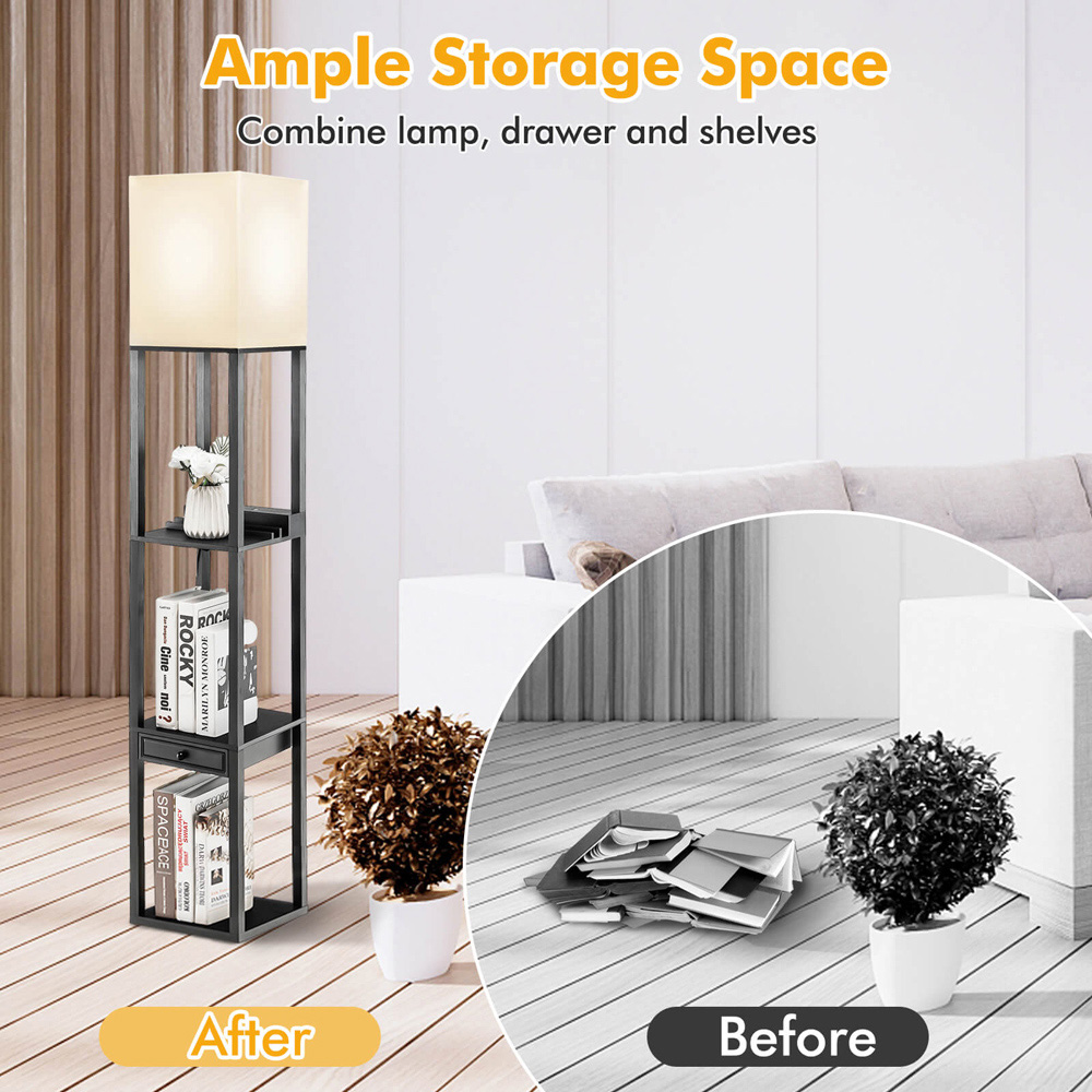 Costway Single Drawer 3 Shelf Black Storage Floor Lamp Image 4