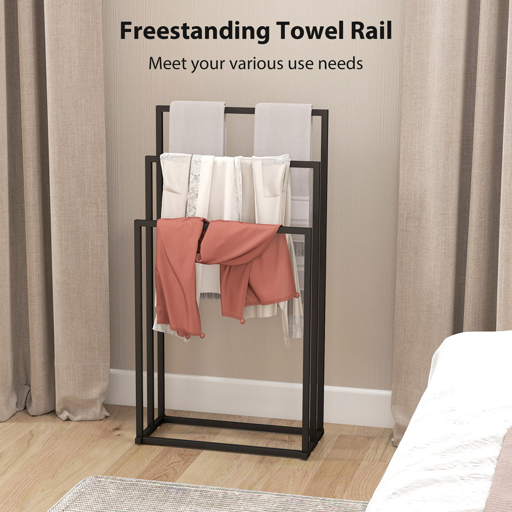 HOMCOM Black Steel Freestanding Towel Rack with 3 Bars Image 6