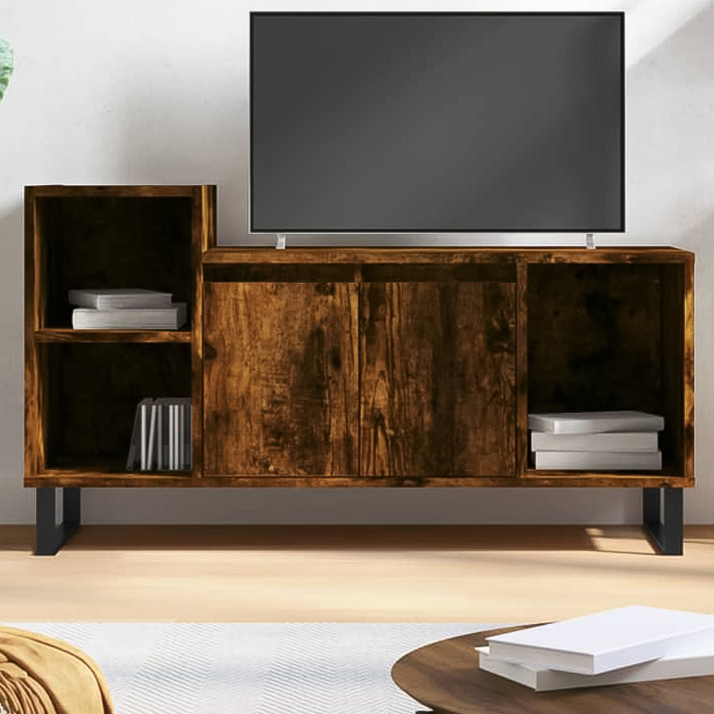 vidaXL 2 Door 3 Open Shelf Brown TV Cabinet with Black Metal Legs Image 1