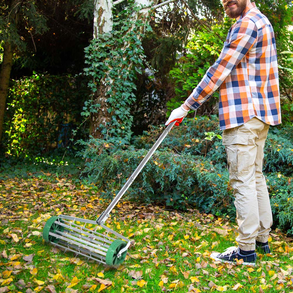 Outsunny Garden Rolling Lawn Aerator with Adjustable Handle Image 2