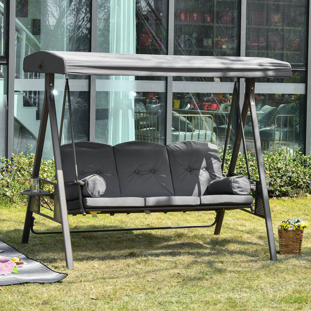 Outsunny 3 Seater Dark Grey Swing Chair with Canopy and Cup Tray Image 1