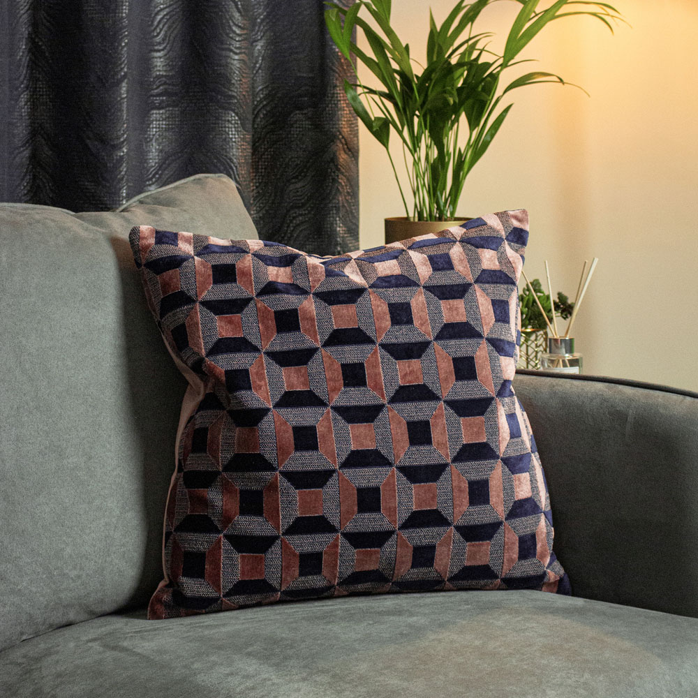 Paoletti Empire Blush and Navy Velvet Jacquard Cushion Image 2